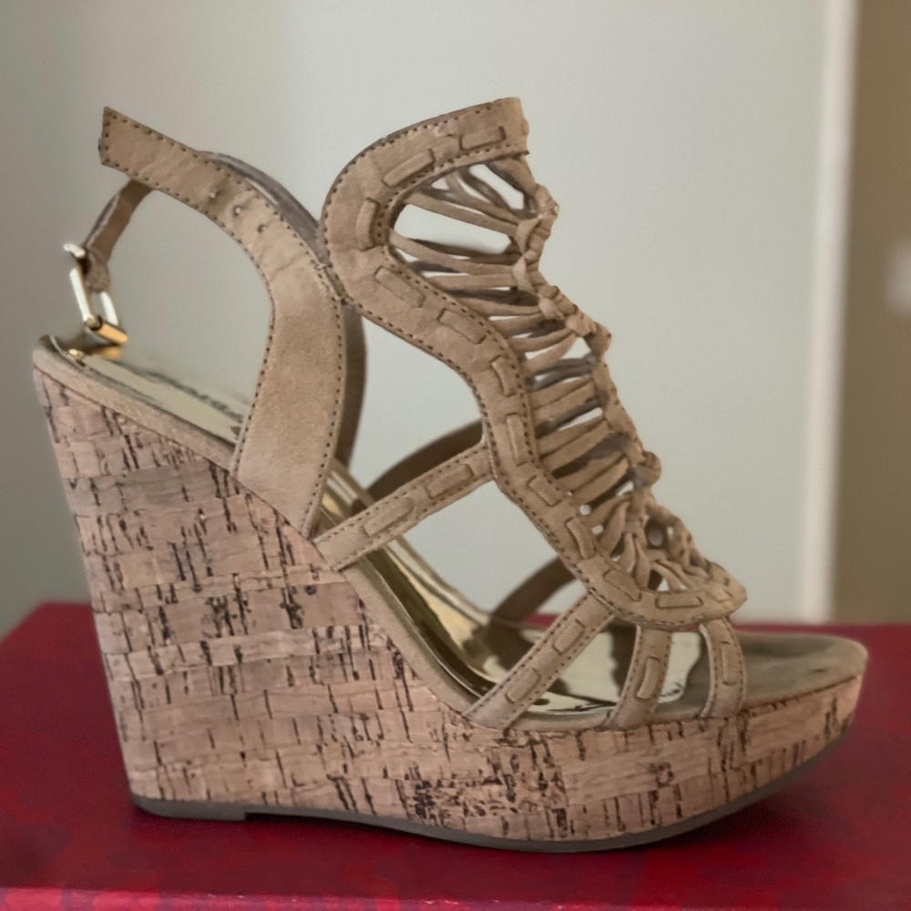 CARLOS BY CARLOS SANTANA cork heel beige, wedge heel sandals, size 8